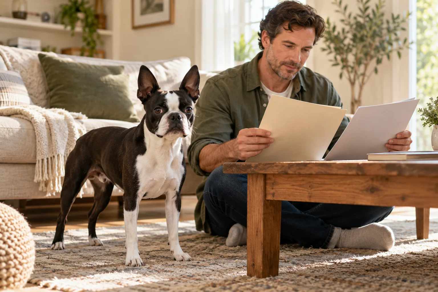 Owner reviewing two folders beside a black-and-white dog at home